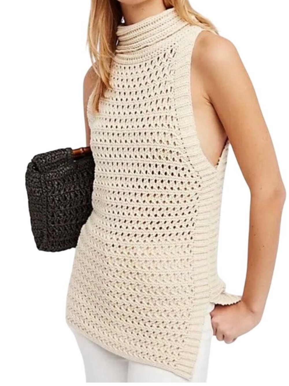 Free People Cream Crochet Mock Neck Sleeveless Top